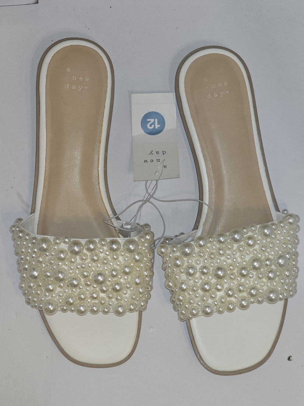 a new day Cream Pearl-Embellished Slide Sandals Size 12 NWT